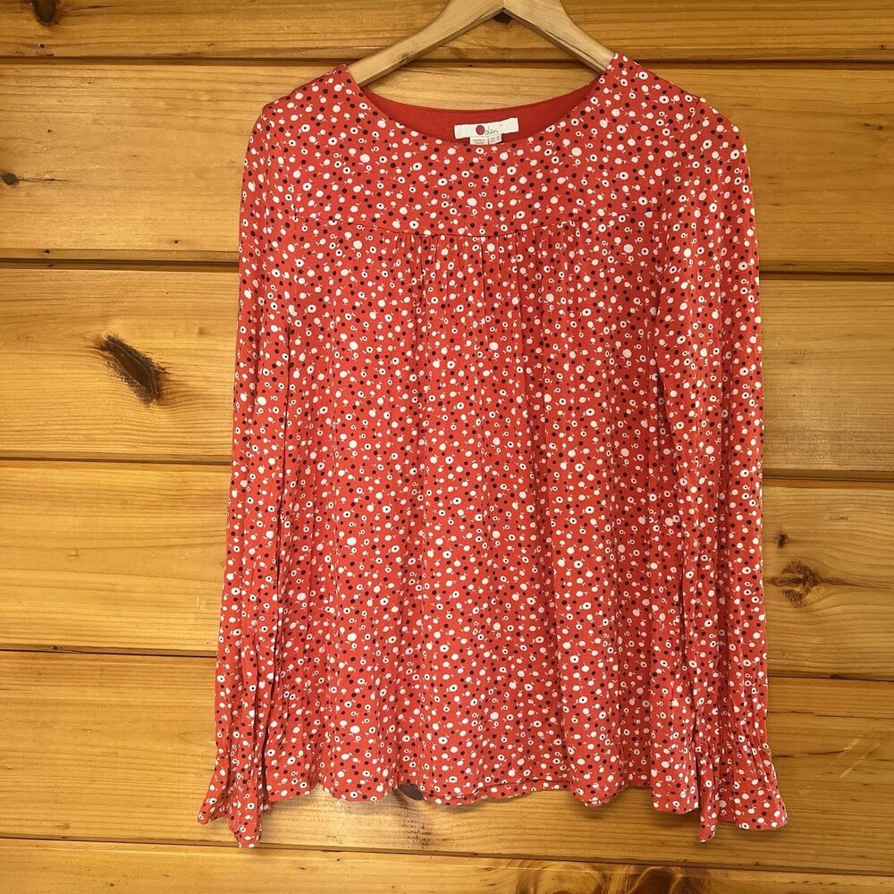 Boden Red Stretch Floral Jersey Boho Long Sleeve Blouse Soft Top Size UK 12 US 8
